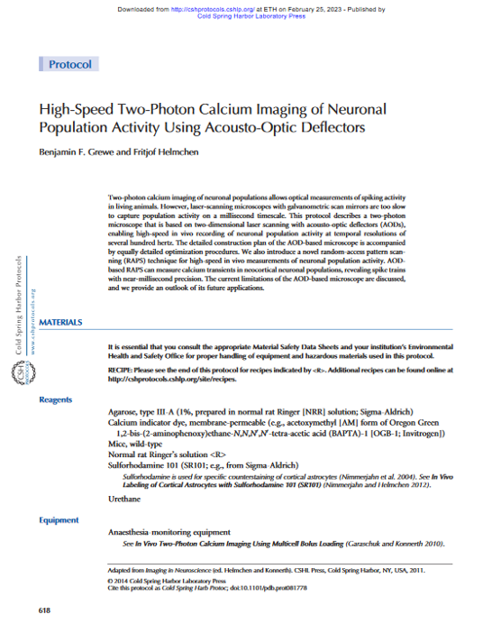 High-speed two-photon calcium imaging of neuronal population activity using acousto-optic deflectors.