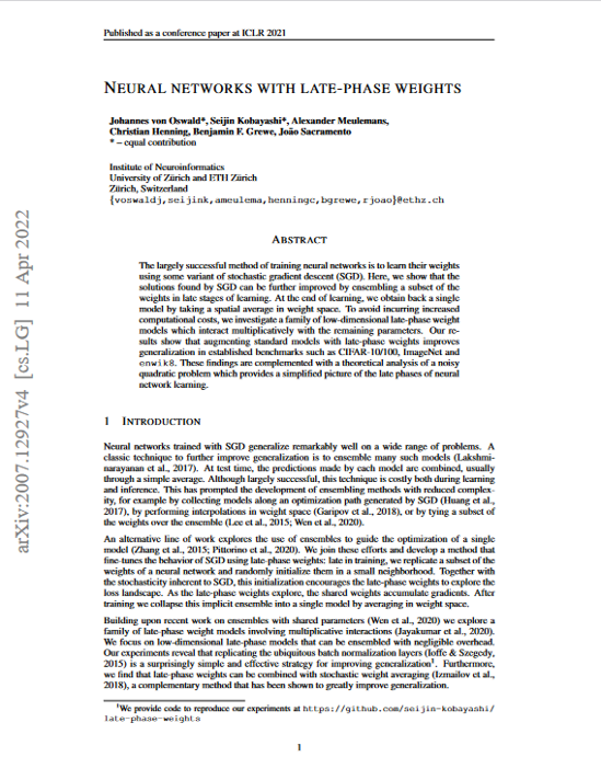 Neural networks with late-phase weights