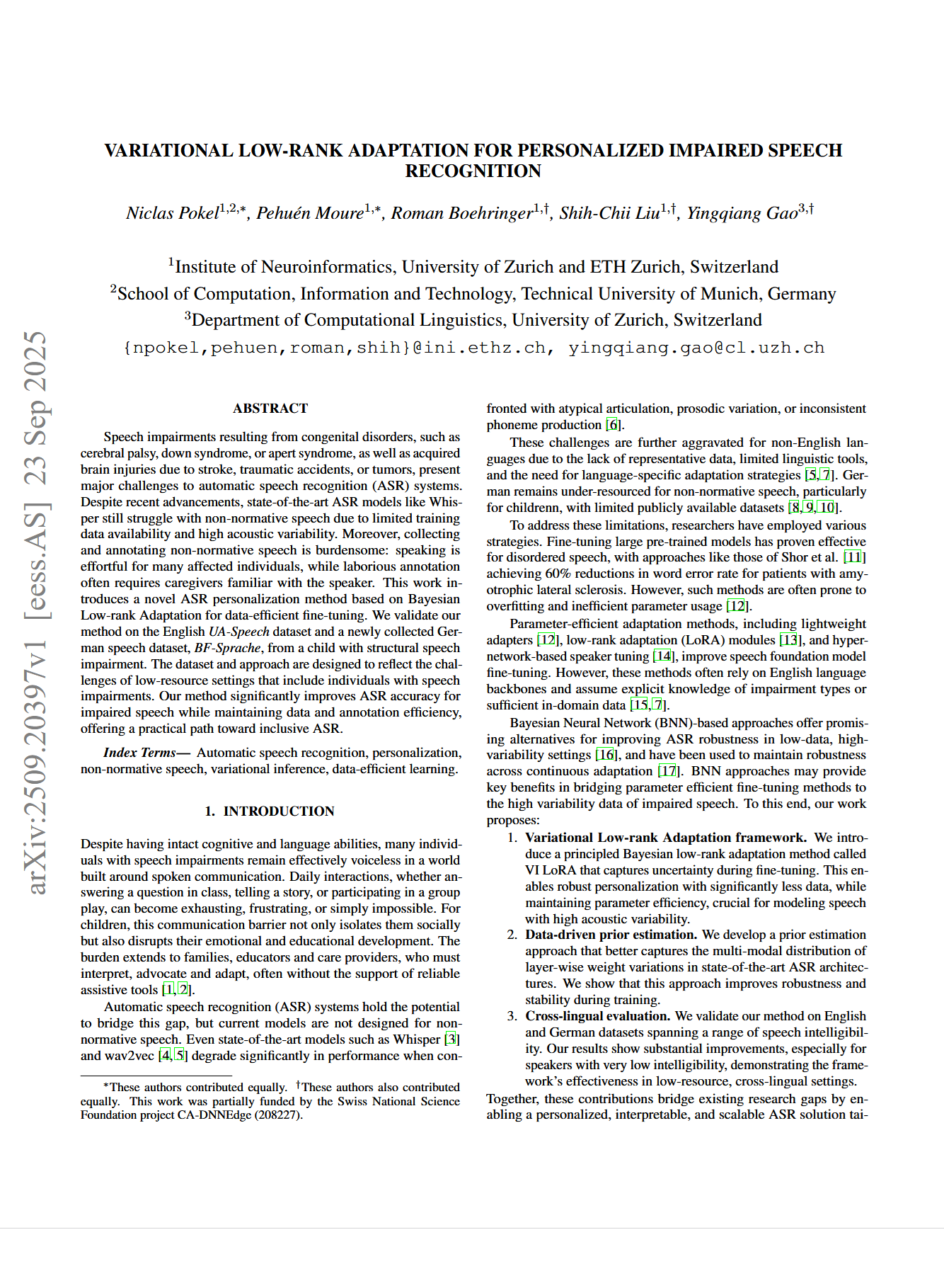 Variational Low-Rank Adaptation for Personalized Impaired Speech Recognition