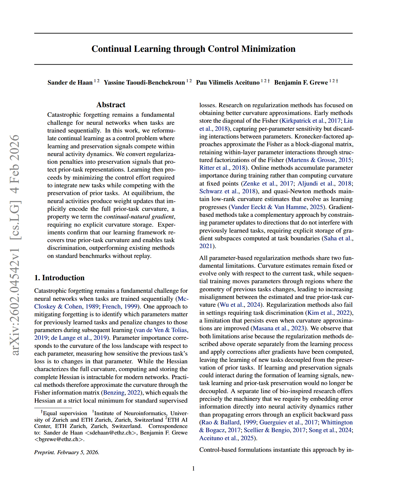 Continual Learning through Control Minimization