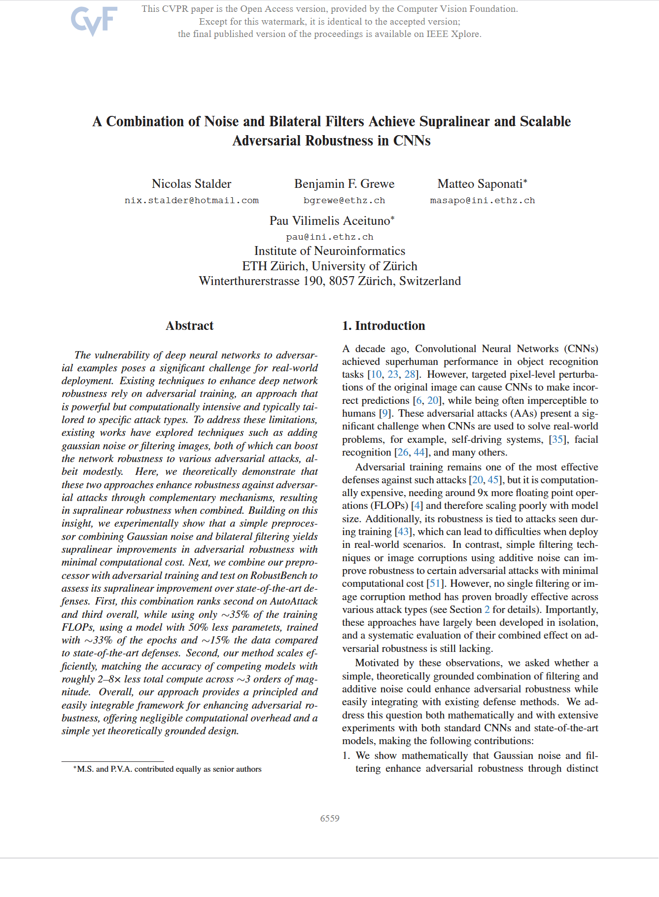 A Combination of Noise and Bilateral Filters Achieve Supralinear and Scalable Adversarial Robustness in CNNs