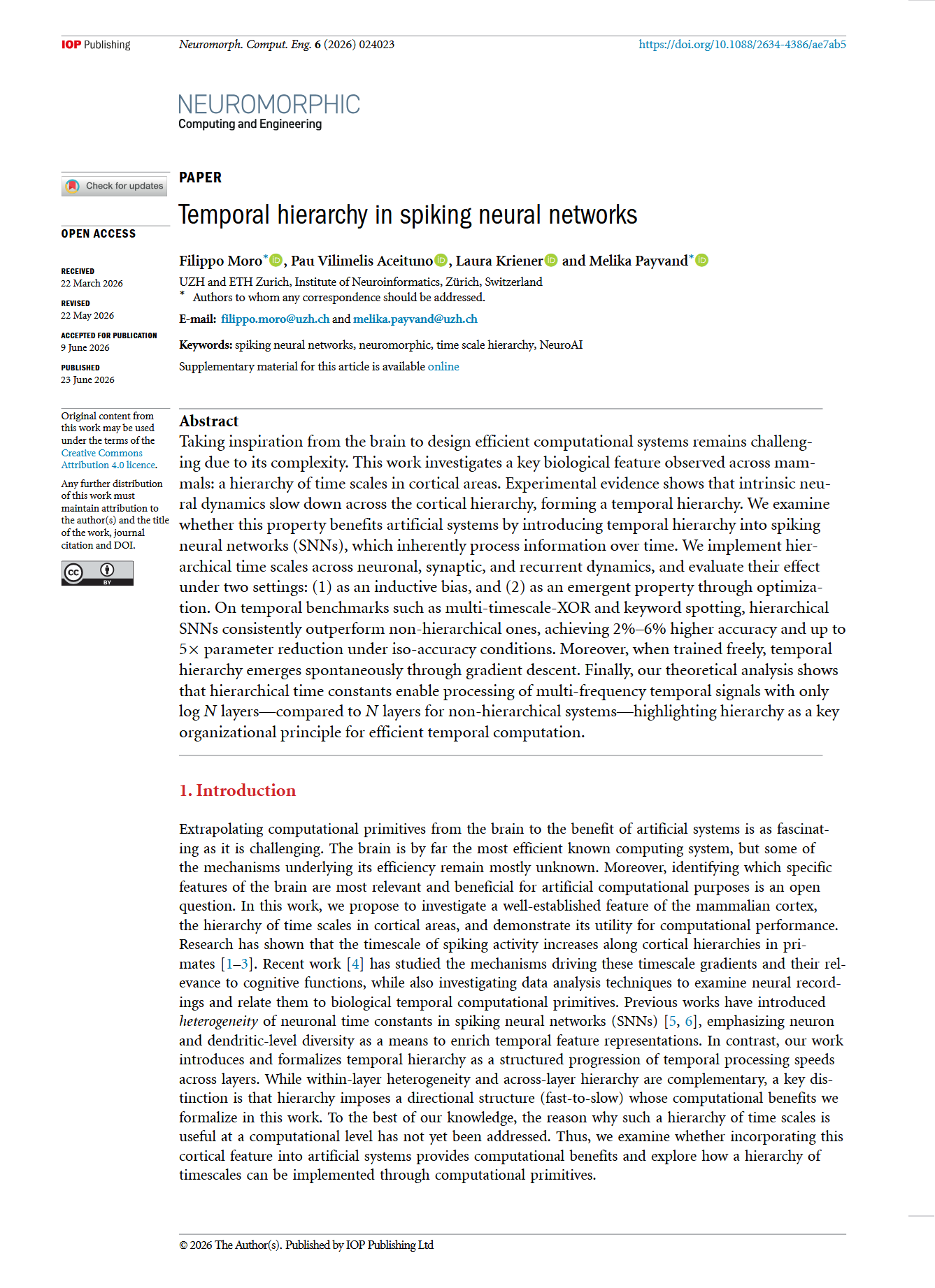 Temporal hierarchy in spiking neural networks