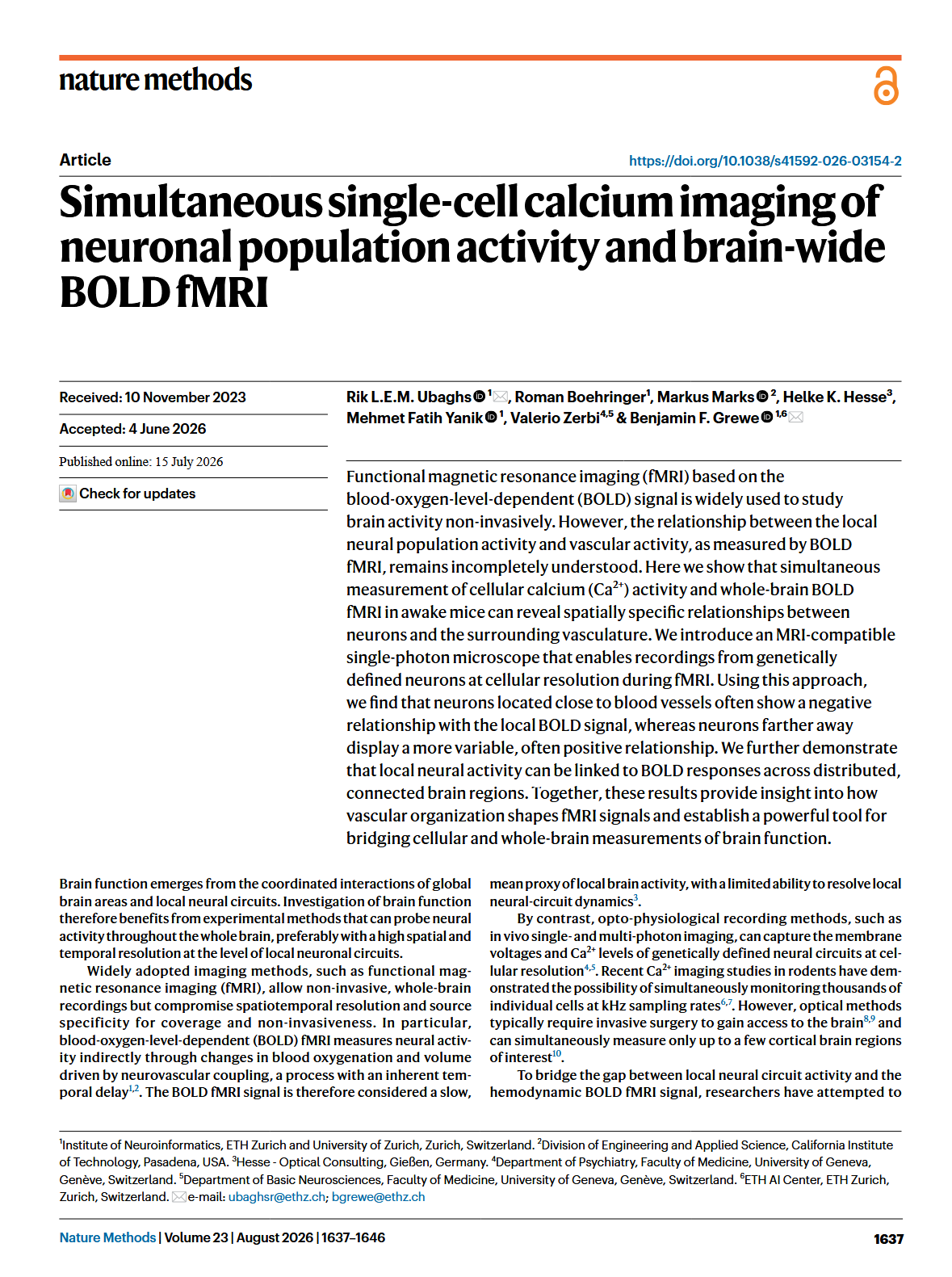 Simultaneous single-cell calcium imaging of neuronal population activity and brain-wide BOLD fMRI