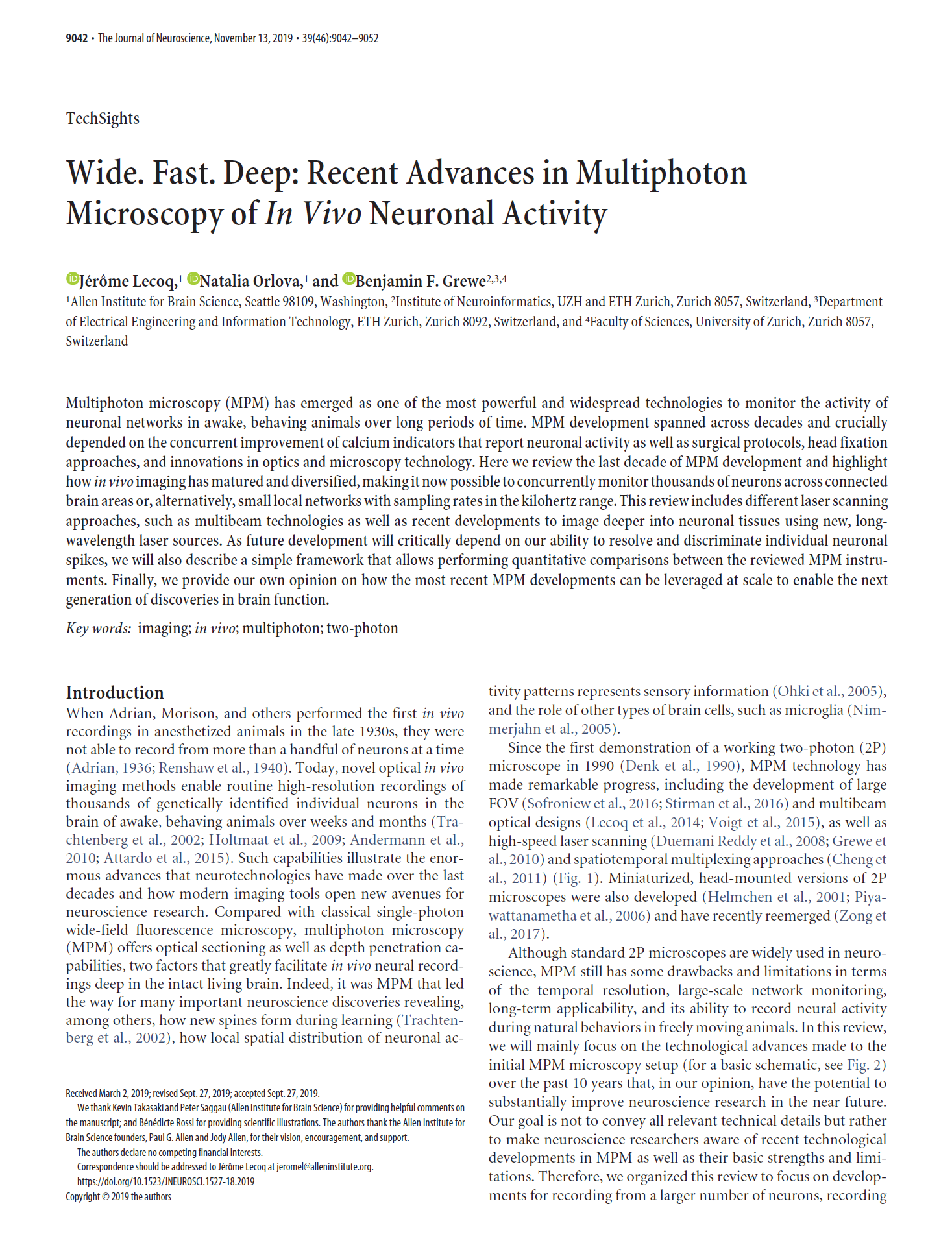 Wide. Deep. Fast. Recent Advances in vivo Multi-Photon Microscopy of Neuronal Activity.